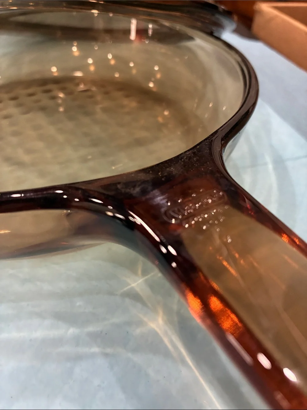 Amber Glass Covered Skillet with Handle Pyrex vision ware 7 inch with lid